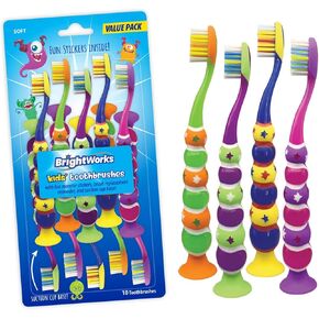 BrightWorks Kids’ Suction Cup Toothbrushes (10-Pack), Soft Bristles, with Bonus Fun Monster Stickers. Children’s Size, Vibrant, Multiple Colors.