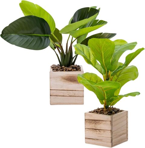 2 حزمة نباتات اصطناعية بوعاء 16 بوصة مع وعاء خشبي للمنزل والمكتب ديكور الغرفة الخضراء وهمية طائر الجنة وأوراق الكمان المزيفة نبات اللبخ باندوراتا هدية الترحيب بالمنزل الجديد in Saudi Arabia