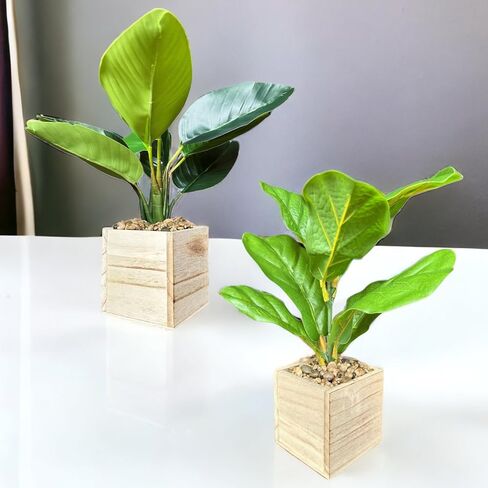 2 حزمة نباتات اصطناعية بوعاء 16 بوصة مع وعاء خشبي للمنزل والمكتب ديكور الغرفة الخضراء وهمية طائر الجنة وأوراق الكمان المزيفة نبات اللبخ باندوراتا هدية الترحيب بالمنزل الجديد in Saudi Arabia