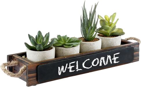 MyGift 5 Piece Artificial Plant Display Set, Mini Assorted Faux Succulents, Indoor Fake House Plants Centerpiece in Concrete Planters, Dark Brown Wood Window Box with Chalkboard Label and Rope Handles in Saudi Arabia
