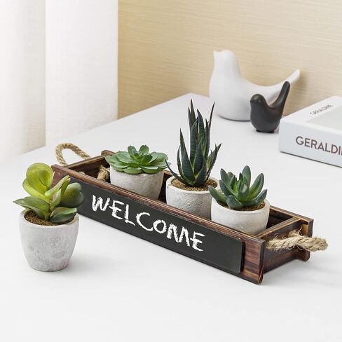 MyGift 5 Piece Artificial Plant Display Set, Mini Assorted Faux Succulents, Indoor Fake House Plants Centerpiece in Concrete Planters, Dark Brown Wood Window Box with Chalkboard Label and Rope Handles in Saudi Arabia