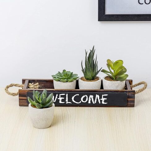 MyGift 5 Piece Artificial Plant Display Set, Mini Assorted Faux Succulents, Indoor Fake House Plants Centerpiece in Concrete Planters, Dark Brown Wood Window Box with Chalkboard Label and Rope Handles in Saudi Arabia