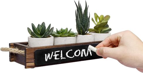 MyGift 5 Piece Artificial Plant Display Set, Mini Assorted Faux Succulents, Indoor Fake House Plants Centerpiece in Concrete Planters, Dark Brown Wood Window Box with Chalkboard Label and Rope Handles in Saudi Arabia