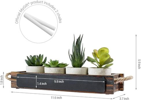 MyGift 5 Piece Artificial Plant Display Set, Mini Assorted Faux Succulents, Indoor Fake House Plants Centerpiece in Concrete Planters, Dark Brown Wood Window Box with Chalkboard Label and Rope Handles in Saudi Arabia