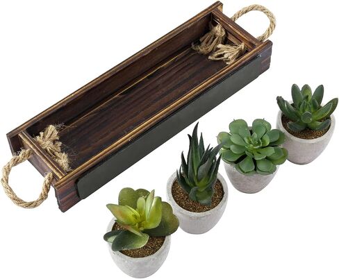 MyGift 5 Piece Artificial Plant Display Set, Mini Assorted Faux Succulents, Indoor Fake House Plants Centerpiece in Concrete Planters, Dark Brown Wood Window Box with Chalkboard Label and Rope Handles in Saudi Arabia