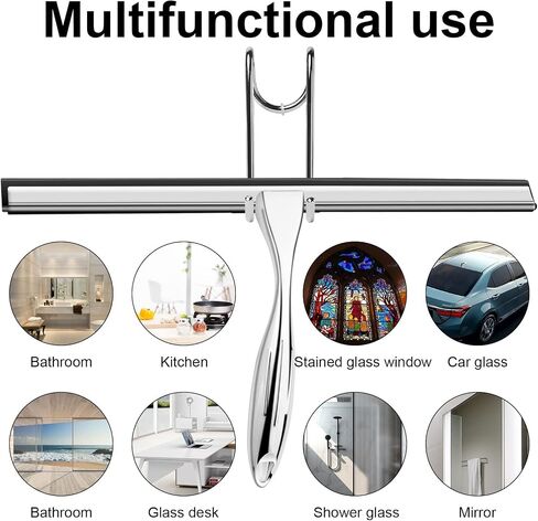 14 Inch Shower Squeegee Stainless Steel with Shower Door Hook and Adhesive Hook Glass Squeegee Bathroom for Doors, Bathroom, Windows, Kitchen, Mirror with Spare Silicone Blade 2 Hooks (Black) in Saudi Arabia