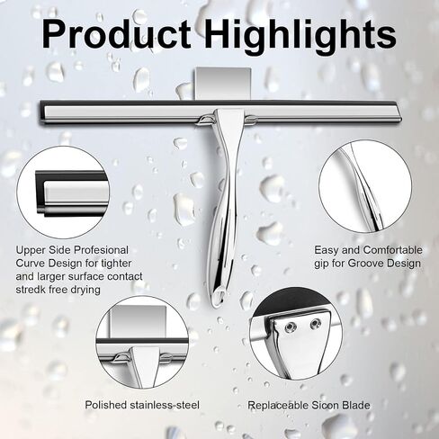 14 Inch Shower Squeegee Stainless Steel with Shower Door Hook and Adhesive Hook Glass Squeegee Bathroom for Doors, Bathroom, Windows, Kitchen, Mirror with Spare Silicone Blade 2 Hooks (Black) in Saudi Arabia