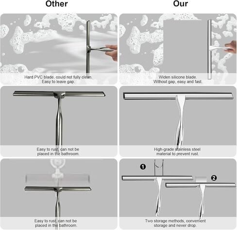14 Inch Shower Squeegee Stainless Steel with Shower Door Hook and Adhesive Hook Glass Squeegee Bathroom for Doors, Bathroom, Windows, Kitchen, Mirror with Spare Silicone Blade 2 Hooks (Black) in Saudi Arabia