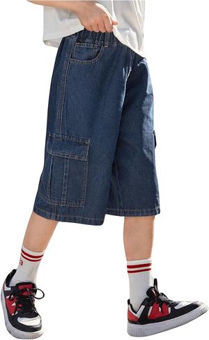 Verdusa Boy's Elastic Waist Wide Leg Casual Loose Denim Shorts with Pockets in Saudi Arabia