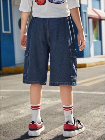 Verdusa Boy's Elastic Waist Wide Leg Casual Loose Denim Shorts with Pockets in Saudi Arabia