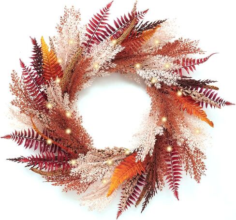 DecorbyHannah Fall Wreath, 24'' Pre-Lit Artificial Pampas Grass Wreath for Front Door, Boho Farmhouse Wall Decor for Thanksgiving Autumn Harvest Home Outdoor Decorations in Saudi Arabia