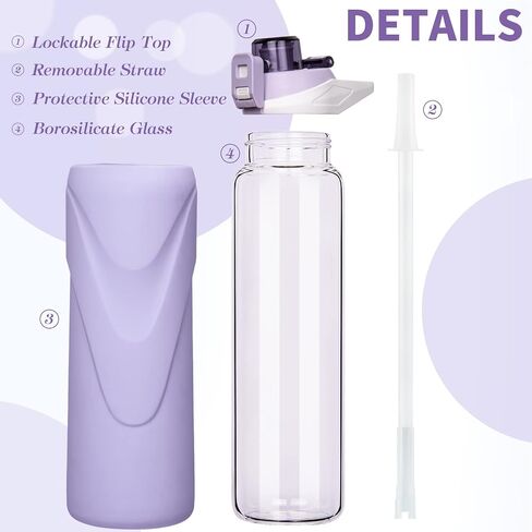 32 oz Sports Glass Water Bottle with Straw & Silicone Sleeve Reusable BPA-free Borosilicate Glass Drinking Bottle with Flip Top Lid & Handle Wide Mouth (Light Violet) in Saudi Arabia