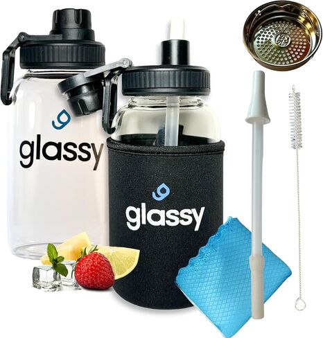 glassy 24 oz Water Bottle with Straw, Black Neoprene Sleeve, Dual-Use Cap, Straw Cleaner, Infuser, Phone Stand Handle, BPA Free, Hot or Cold Liquids, Leak Proof, Borosilicate Glass, 700mL in Saudi Arabia