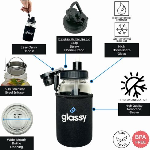 glassy 24 oz Water Bottle with Straw, Black Neoprene Sleeve, Dual-Use Cap, Straw Cleaner, Infuser, Phone Stand Handle, BPA Free, Hot or Cold Liquids, Leak Proof, Borosilicate Glass, 700mL in Saudi Arabia