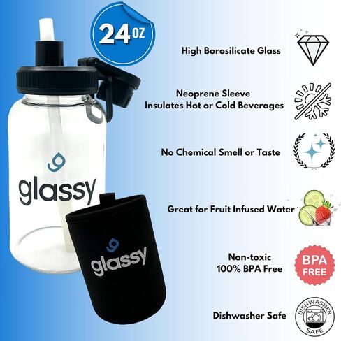 glassy 24 oz Water Bottle with Straw, Black Neoprene Sleeve, Dual-Use Cap, Straw Cleaner, Infuser, Phone Stand Handle, BPA Free, Hot or Cold Liquids, Leak Proof, Borosilicate Glass, 700mL in Saudi Arabia