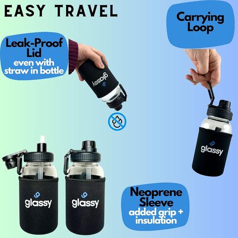 glassy 24 oz Water Bottle with Straw, Black Neoprene Sleeve, Dual-Use Cap, Straw Cleaner, Infuser, Phone Stand Handle, BPA Free, Hot or Cold Liquids, Leak Proof, Borosilicate Glass, 700mL in Saudi Arabia