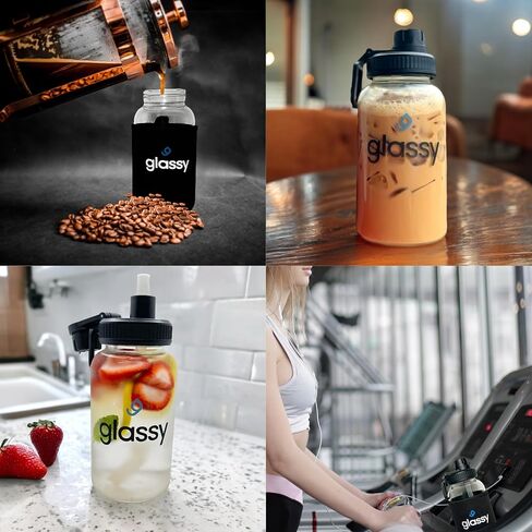 glassy 24 oz Water Bottle with Straw, Black Neoprene Sleeve, Dual-Use Cap, Straw Cleaner, Infuser, Phone Stand Handle, BPA Free, Hot or Cold Liquids, Leak Proof, Borosilicate Glass, 700mL in Saudi Arabia