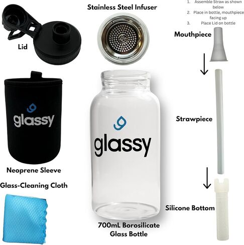 glassy 24 oz Water Bottle with Straw, Black Neoprene Sleeve, Dual-Use Cap, Straw Cleaner, Infuser, Phone Stand Handle, BPA Free, Hot or Cold Liquids, Leak Proof, Borosilicate Glass, 700mL in Saudi Arabia