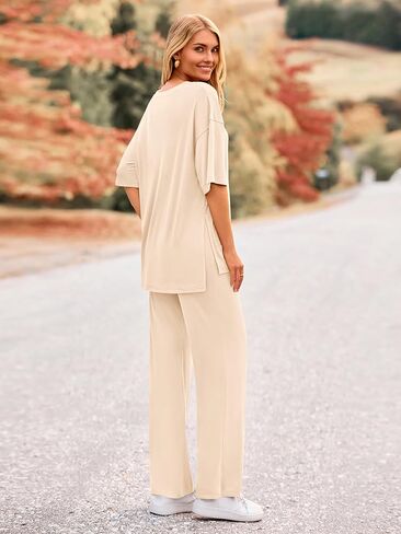 ملابس نسائية صيفية من قطعتين من MASCOMODA بأكمام قصيرة ورقبة على شكل حرف V وسراويل طويلة وساق واسعة طقم صالة رياضية غير رسمية in Kuwait