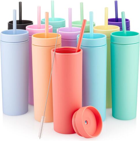 STRATA CUPS Multicolor Skinny Tumblers with Lids and Straws (12 pack) - 16oz Double Wall Acrylic Tumbler, Tall Matte Skinny Tumblers, Bulk with Free Straw Cleaner, Reusable Cups in Saudi Arabia