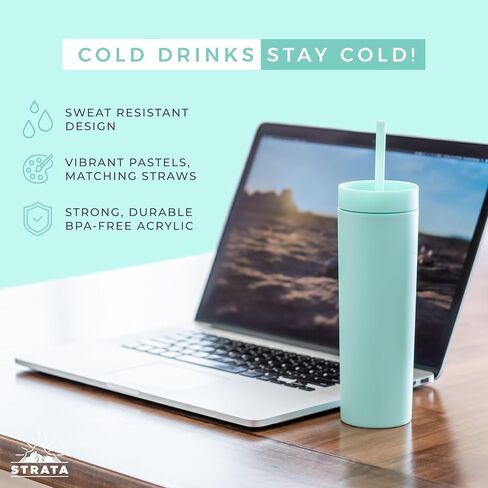 STRATA CUPS Multicolor Skinny Tumblers with Lids and Straws (12 pack) - 16oz Double Wall Acrylic Tumbler, Tall Matte Skinny Tumblers, Bulk with Free Straw Cleaner, Reusable Cups in Saudi Arabia