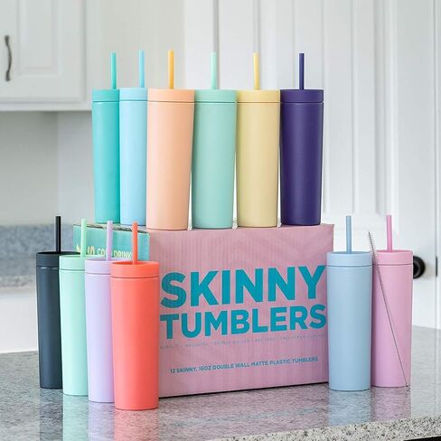 STRATA CUPS Multicolor Skinny Tumblers with Lids and Straws (12 pack) - 16oz Double Wall Acrylic Tumbler, Tall Matte Skinny Tumblers, Bulk with Free Straw Cleaner, Reusable Cups in Saudi Arabia