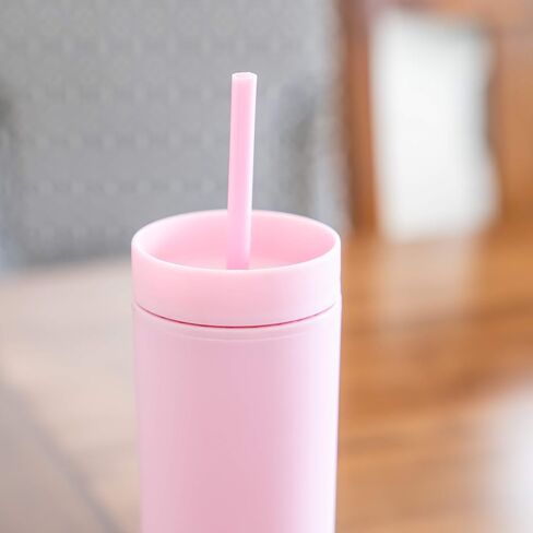 STRATA CUPS Multicolor Skinny Tumblers with Lids and Straws (12 pack) - 16oz Double Wall Acrylic Tumbler, Tall Matte Skinny Tumblers, Bulk with Free Straw Cleaner, Reusable Cups in Saudi Arabia