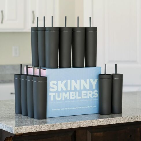 STRATA CUPS Multicolor Skinny Tumblers with Lids and Straws (12 pack) - 16oz Double Wall Acrylic Tumbler, Tall Matte Skinny Tumblers, Bulk with Free Straw Cleaner, Reusable Cups in Saudi Arabia