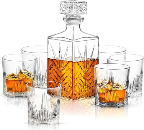 Paksh Novelty Whiskey Decanter Set - 7-Piece Italian Crafted Glass Decanter & Whiskey Glasses Set - Holiday Whiskey Gifts for Men and Women w/ Ornate Stopper and 6 Cocktail Glasses, Red in Saudi Arabia