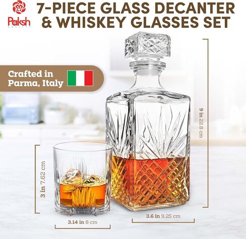 Paksh Novelty Whiskey Decanter Set - 7-Piece Italian Crafted Glass Decanter & Whiskey Glasses Set - Holiday Whiskey Gifts for Men and Women w/ Ornate Stopper and 6 Cocktail Glasses, Red in Saudi Arabia