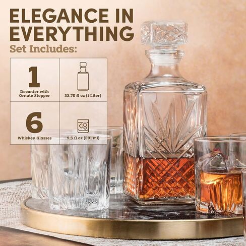 Paksh Novelty Whiskey Decanter Set - 7-Piece Italian Crafted Glass Decanter & Whiskey Glasses Set - Holiday Whiskey Gifts for Men and Women w/ Ornate Stopper and 6 Cocktail Glasses, Red in Saudi Arabia