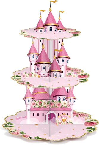 Zopeal 3 Tier Princess Birthday Cupcake Stand Party Decorations Floral Princess Cupcake Holder Pink Castle Crown Carriage Dessert Tower for Girls Birthday Princess Theme Baby Shower Party Supplies in Saudi Arabia