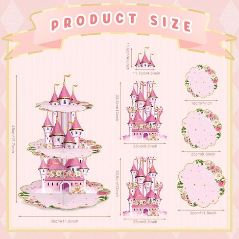 Zopeal 3 Tier Princess Birthday Cupcake Stand Party Decorations Floral Princess Cupcake Holder Pink Castle Crown Carriage Dessert Tower for Girls Birthday Princess Theme Baby Shower Party Supplies in Saudi Arabia