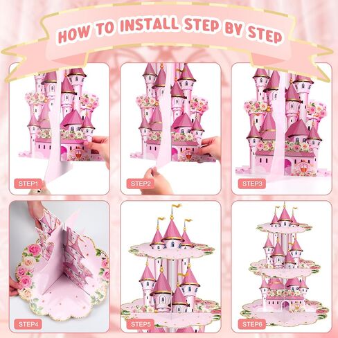 Zopeal 3 Tier Princess Birthday Cupcake Stand Party Decorations Floral Princess Cupcake Holder Pink Castle Crown Carriage Dessert Tower for Girls Birthday Princess Theme Baby Shower Party Supplies in Saudi Arabia