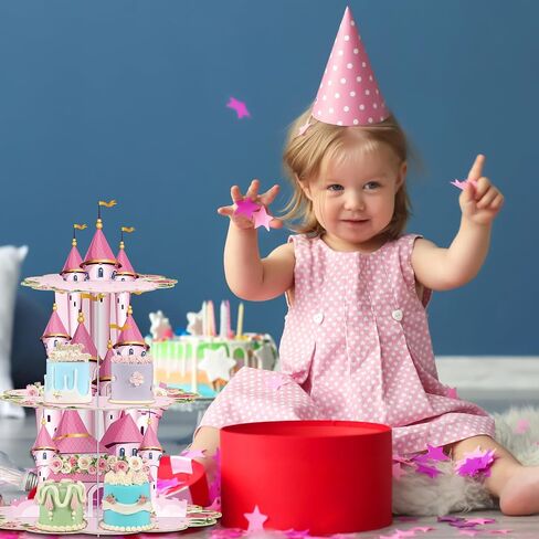 Zopeal 3 Tier Princess Birthday Cupcake Stand Party Decorations Floral Princess Cupcake Holder Pink Castle Crown Carriage Dessert Tower for Girls Birthday Princess Theme Baby Shower Party Supplies in Saudi Arabia