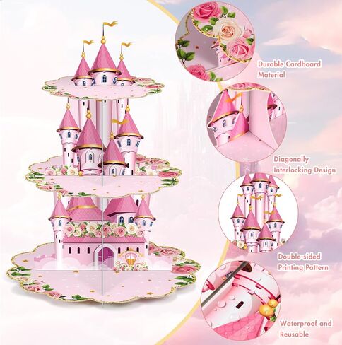 Zopeal 3 Tier Princess Birthday Cupcake Stand Party Decorations Floral Princess Cupcake Holder Pink Castle Crown Carriage Dessert Tower for Girls Birthday Princess Theme Baby Shower Party Supplies in Saudi Arabia