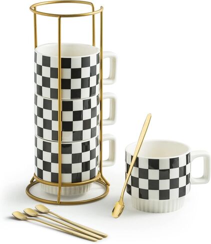 Stackable Coffee Mug Set of 4 with Rack 11 oz Tea Cup Set with Little Spoon for Coffee Tea Cocoa Milk, Checkered Black and White Pattern Coffee Mug for Housewarming Gift in Saudi Arabia