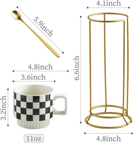 Stackable Coffee Mug Set of 4 with Rack 11 oz Tea Cup Set with Little Spoon for Coffee Tea Cocoa Milk, Checkered Black and White Pattern Coffee Mug for Housewarming Gift in Saudi Arabia