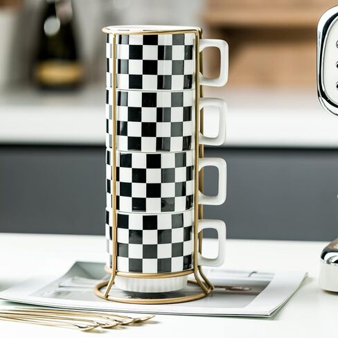 Stackable Coffee Mug Set of 4 with Rack 11 oz Tea Cup Set with Little Spoon for Coffee Tea Cocoa Milk, Checkered Black and White Pattern Coffee Mug for Housewarming Gift in Saudi Arabia