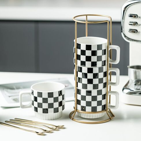 Stackable Coffee Mug Set of 4 with Rack 11 oz Tea Cup Set with Little Spoon for Coffee Tea Cocoa Milk, Checkered Black and White Pattern Coffee Mug for Housewarming Gift in Saudi Arabia