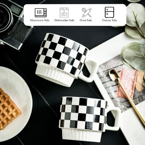 Stackable Coffee Mug Set of 4 with Rack 11 oz Tea Cup Set with Little Spoon for Coffee Tea Cocoa Milk, Checkered Black and White Pattern Coffee Mug for Housewarming Gift in Saudi Arabia