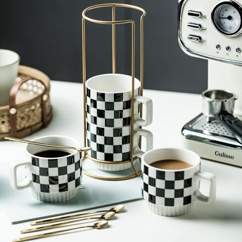 Stackable Coffee Mug Set of 4 with Rack 11 oz Tea Cup Set with Little Spoon for Coffee Tea Cocoa Milk, Checkered Black and White Pattern Coffee Mug for Housewarming Gift in Saudi Arabia
