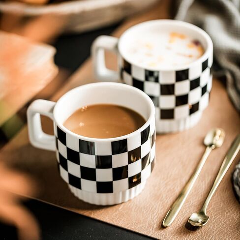 Stackable Coffee Mug Set of 4 with Rack 11 oz Tea Cup Set with Little Spoon for Coffee Tea Cocoa Milk, Checkered Black and White Pattern Coffee Mug for Housewarming Gift in Saudi Arabia