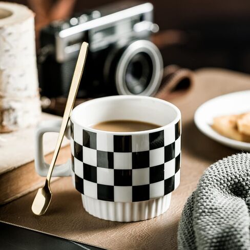 Stackable Coffee Mug Set of 4 with Rack 11 oz Tea Cup Set with Little Spoon for Coffee Tea Cocoa Milk, Checkered Black and White Pattern Coffee Mug for Housewarming Gift in Saudi Arabia