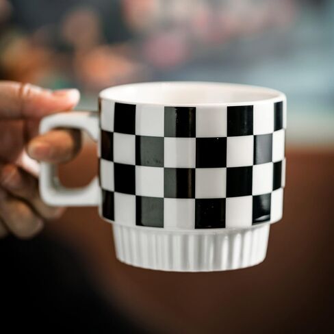 Stackable Coffee Mug Set of 4 with Rack 11 oz Tea Cup Set with Little Spoon for Coffee Tea Cocoa Milk, Checkered Black and White Pattern Coffee Mug for Housewarming Gift in Saudi Arabia