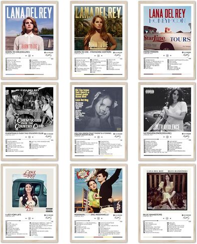 ملصقات XUPUE Lana Del Rey لغرفة النوم Lana Del Rey غلاف الألبوم ملصقات الموسيقى ملصق جدار الفن (غير الإطار، 9 قطع، 8 × 12 بوصة) in Kuwait