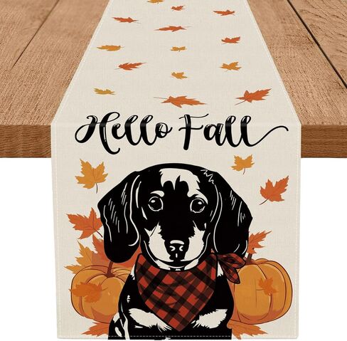 Hello Fall Table Runner Australian Shepherd Pumpkins Table Runners Maple Leaves Home Kitchen Dining Table Decorations Indoor Outdoor Party Supplies 13x72 Inch in Saudi Arabia