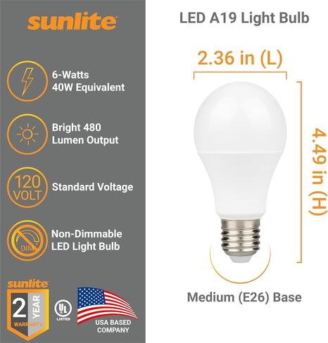 لمبة إضاءة Sunlite LED A19، 6 واط (ما يعادل 40 واط)، 480 لومن، 120 فولت، غير قابلة للتعتيم، زاوية شعاع 200 درجة، قاعدة E26 متوسطة، متوافقة مع ROHS، مدرج في قائمة UL، 2700 كلفن أبيض ناعم، 3 عبوات in Saudi Arabia
