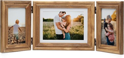 Horizontal 5X7 Picture Frames Double Hinged Wood Folding Photo Frames with Real Glass Front Fit for Desktop or Tabletop Display Pictures 4x6 with Mat or 5x7 Without Mat, Wood Grain XZON-H75X2 in Saudi Arabia