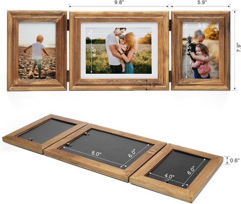 Horizontal 5X7 Picture Frames Double Hinged Wood Folding Photo Frames with Real Glass Front Fit for Desktop or Tabletop Display Pictures 4x6 with Mat or 5x7 Without Mat, Wood Grain XZON-H75X2 in Saudi Arabia